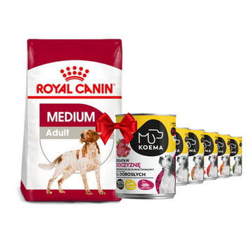 Royal Canin Medium Adult 15kg + Koema 90% masa mix 6 příchutí 6x400g